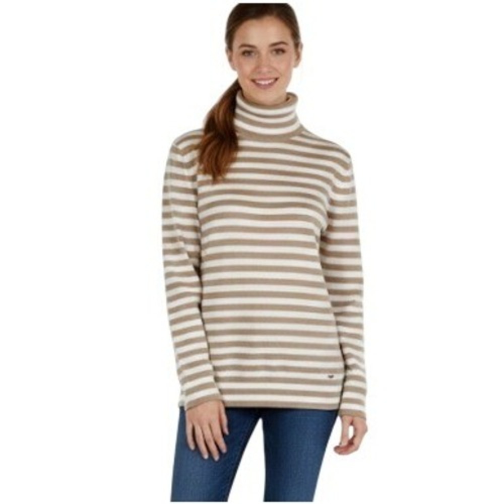 Tommy Hilfiger Sweater Womens Small Tan White Striped Turtleneck Buttons Ribbed‎